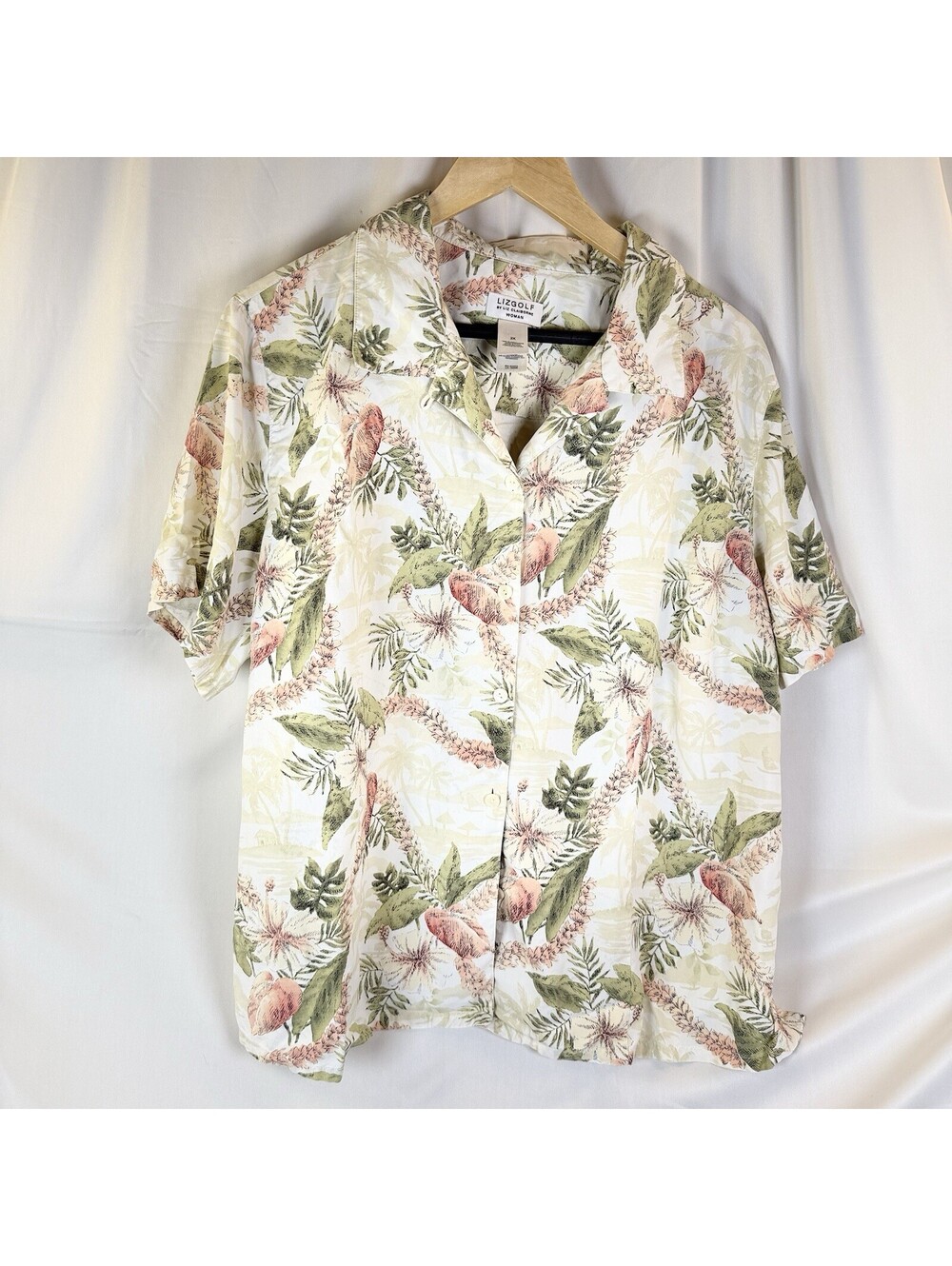 Liz Claiborne Golf Plus 100% Silk Tropical Flower Shirt Floral Button Up 2X